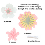 Pinfliers pastel paper flower garlands combo, 1 set of pink flower garland & 1 set of blue & yellow flower garland, birthday backdrop decoration, 36 flowers