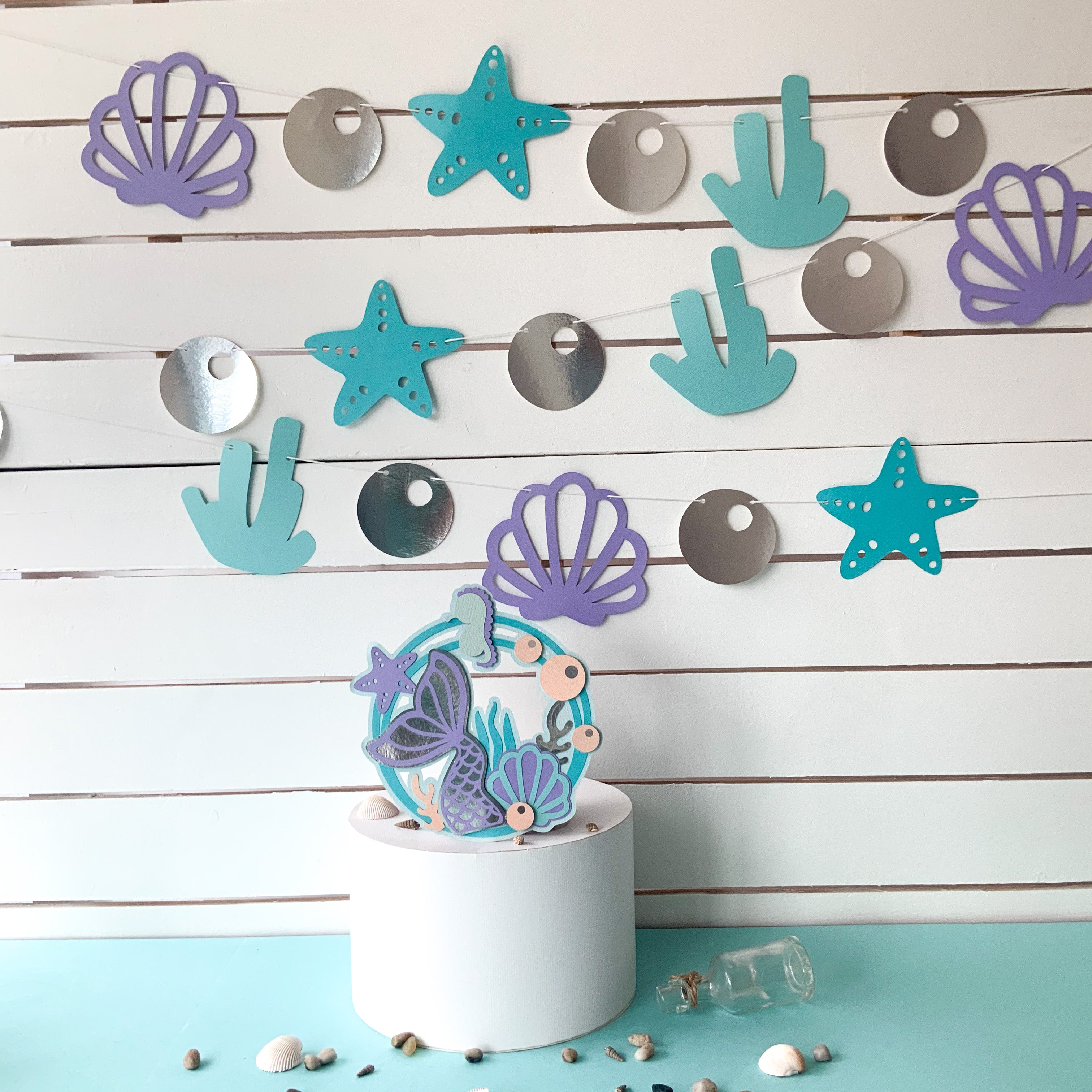 Pinfliers Mermaid/Under The Sea/Ocean Theme Birthday Decorations for Girls,Paper Mermaid Cake Topper,1,Happy Birthday Cake Topper,Blue/Purple,Party Cake Toppers for Cake Decoration