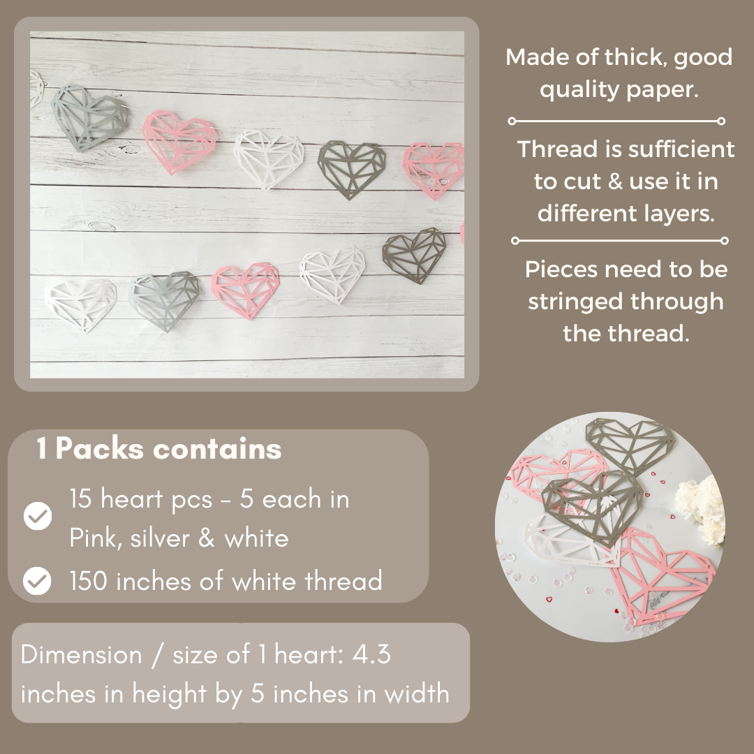 Pinfliers Happy Anniversary|Valentines Day Decoration Items,Pink Heart Shape Paper Bunting/Banner|Backdrop for Valentines|Wedding Anniversary Decor,15 pieces,75 inches in Length