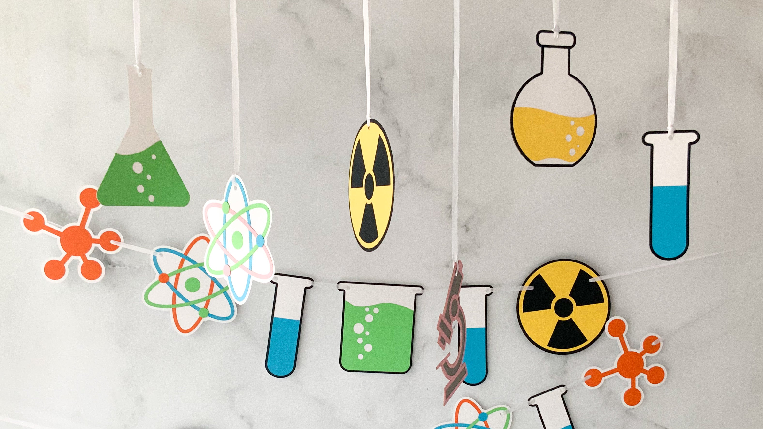 Pinfliers Science Theme Birthday Party Hangings with Pink