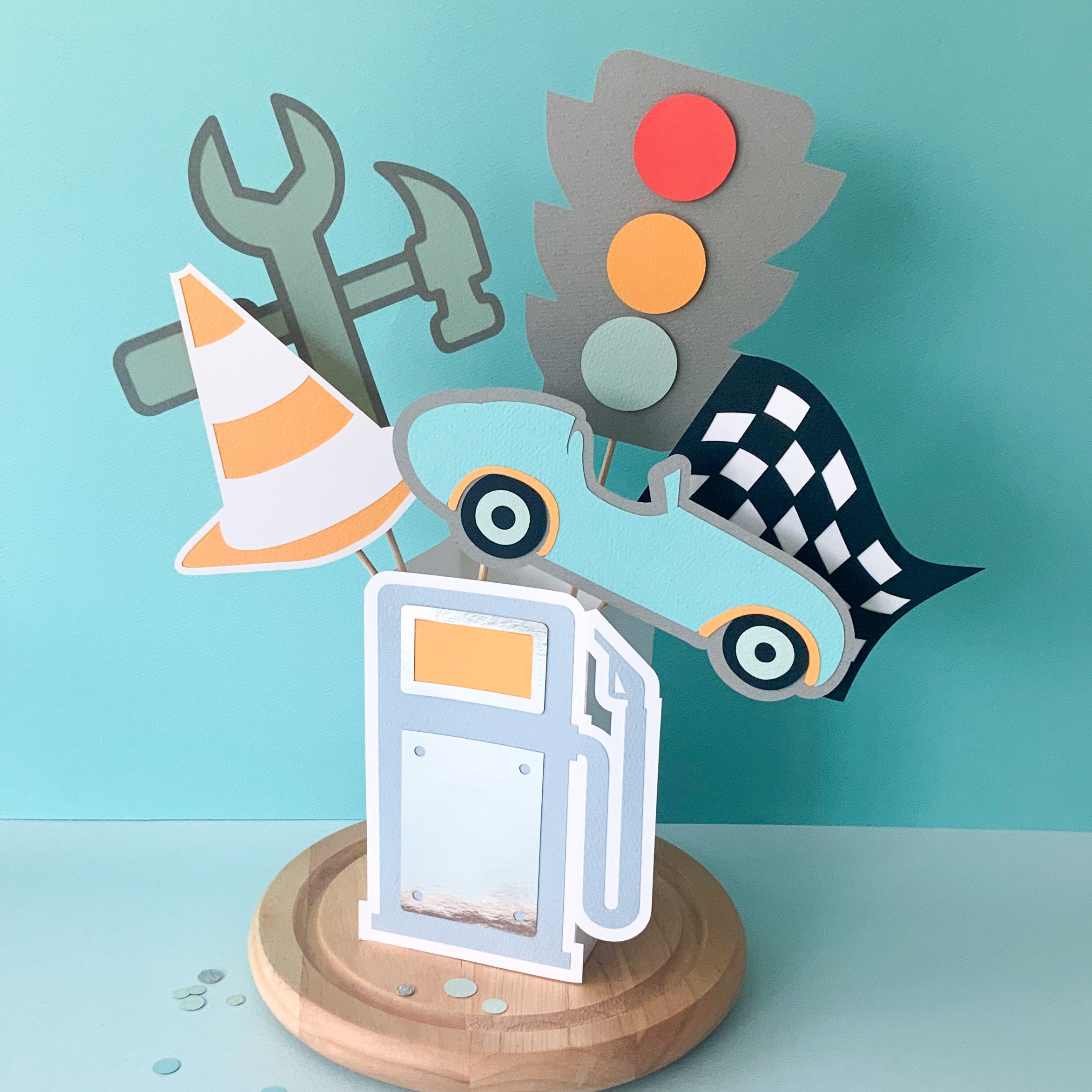 Pinfliers Car Theme Birthday Party Decoration - Centerpiece, 1 Paper Petrol Pump Box, 5 Small Paper Cutouts