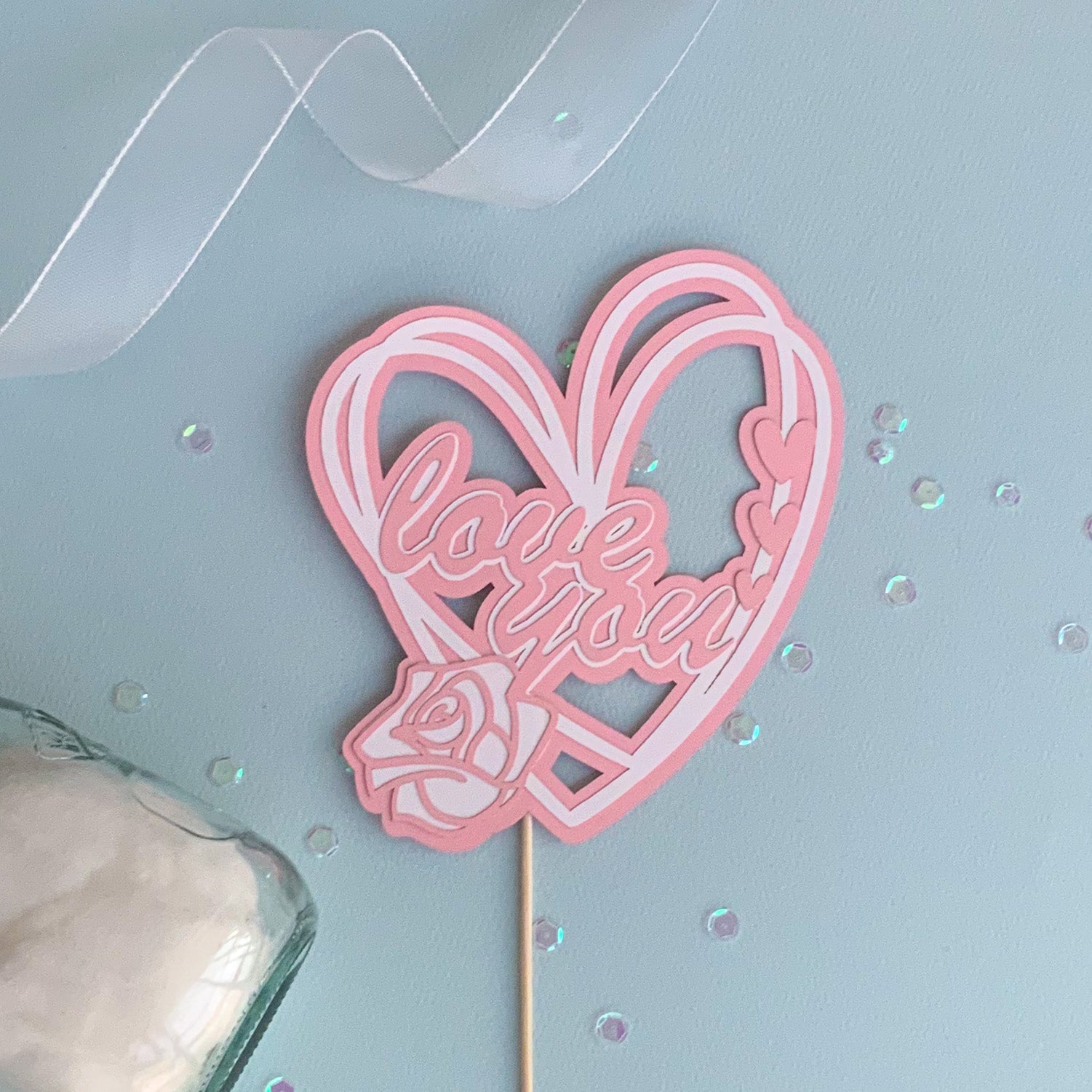 Pinfliers Floral Rose Theme /Happy Anniversary Love You Cake Topper for Cake Decoration, 1 piece, Pastel Pink