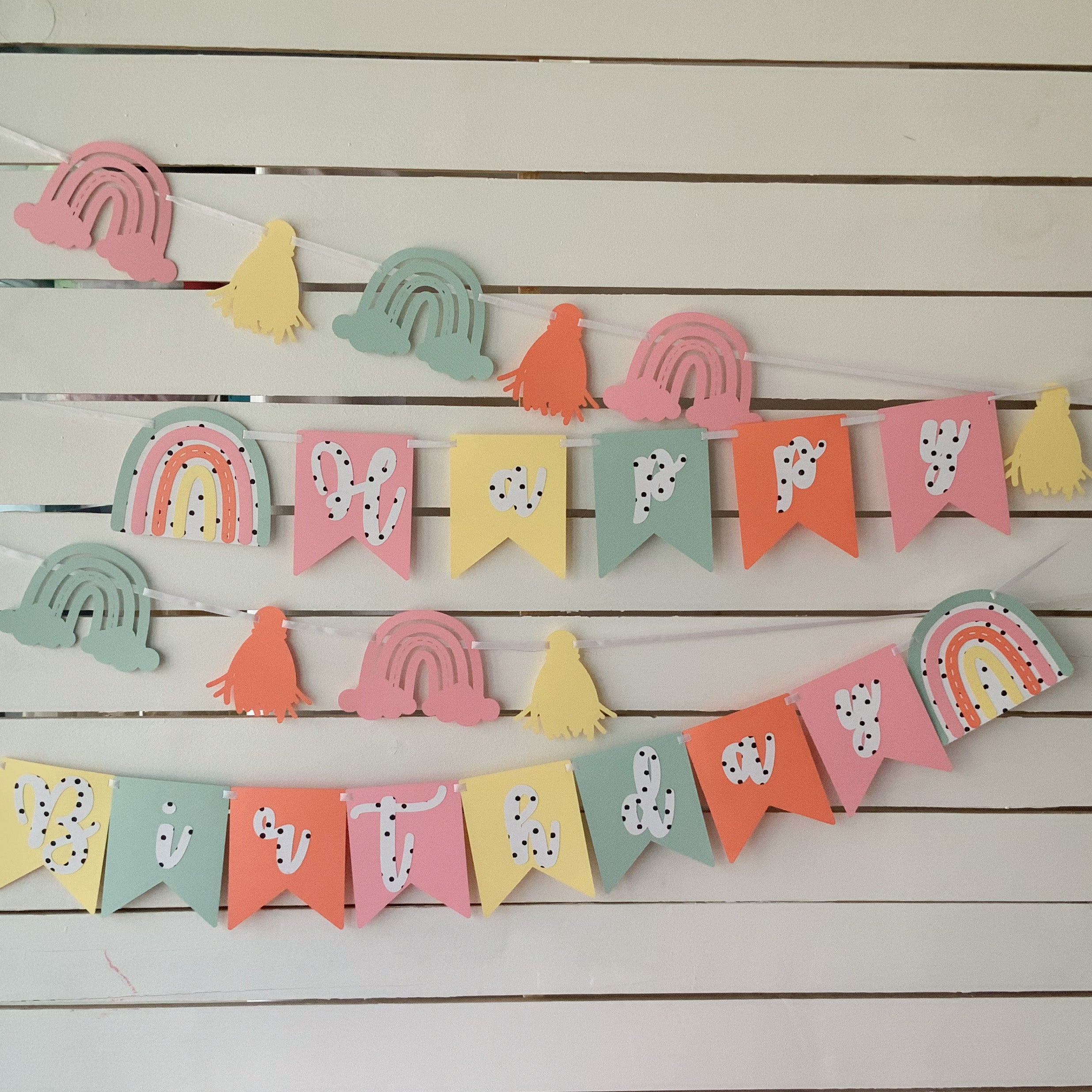 Assembled Happy Birthday Banner with Colorful Hanging Paper Fans for Pastel  Rainbow Party Decorations