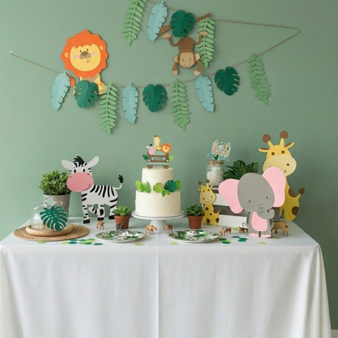 Pinfliers Jungle Theme Paper Birthday Decoration Set, Cake Topper, Hangings, Animal Cutouts, Leaf Garland, Happy Birthday Decoration Kit,19 Pieces