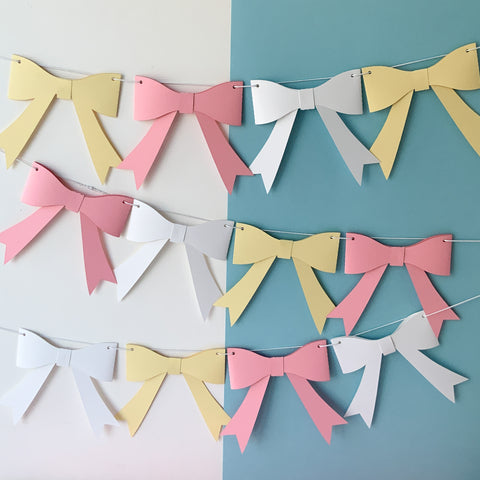 Pinfliers Bows Theme 1st, 18, teens birthday decor, valentines day decoration, bridal shower/ 12 paper pastel ribbons/ bunting, flags, banner, 72" in length