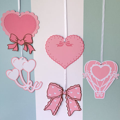 Pinfliers paper pastel bow, ribbon, heart theme birthday decoration, anniversary, valentines day, bridal shower, 5 paper ceiling hangings, swirls