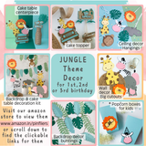 Pinfliers  jungle safari theme birthday party table decorations, centerpieces for table, 1 jeep paper box & 5 jungle themed small paper cutouts