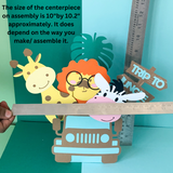 Pinfliers Jungle / Safari theme birthday party table decorations, centerpieces for table, 1 jeep paper box, 5 jungle themed small paper cutouts