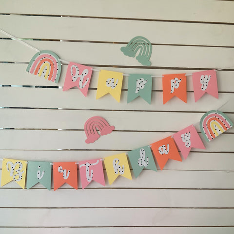 Pinfliers boho rainbow theme birthday decorations paper happy birthday banner, 13 pennants & 2 boho rainbow theme cutouts, 62" in length