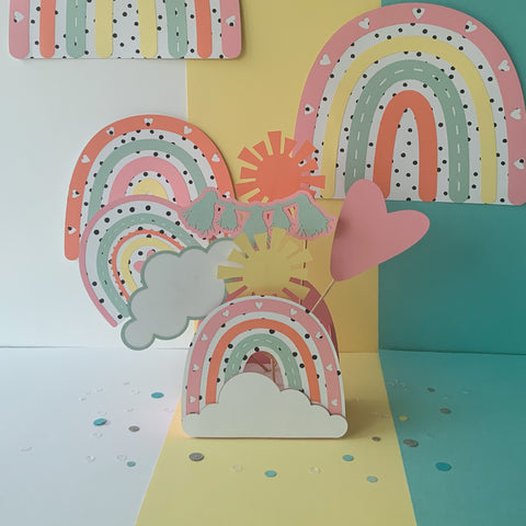 Pinfliers boho rainbow theme birthday party table decoration, centerpiece, 1 pastel rainbow paper box & 6 small cut-outs