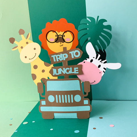 Pinfliers  jungle safari theme birthday party table decorations, centerpieces for table, 1 jeep paper box & 5 jungle themed small paper cutouts